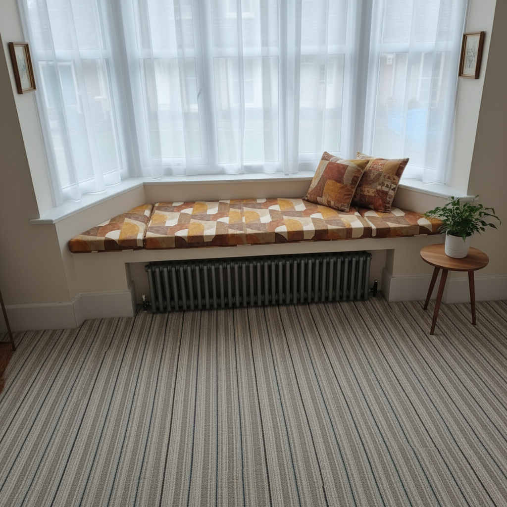 Contemporary woven fabric texture on custom window seating upholstery
