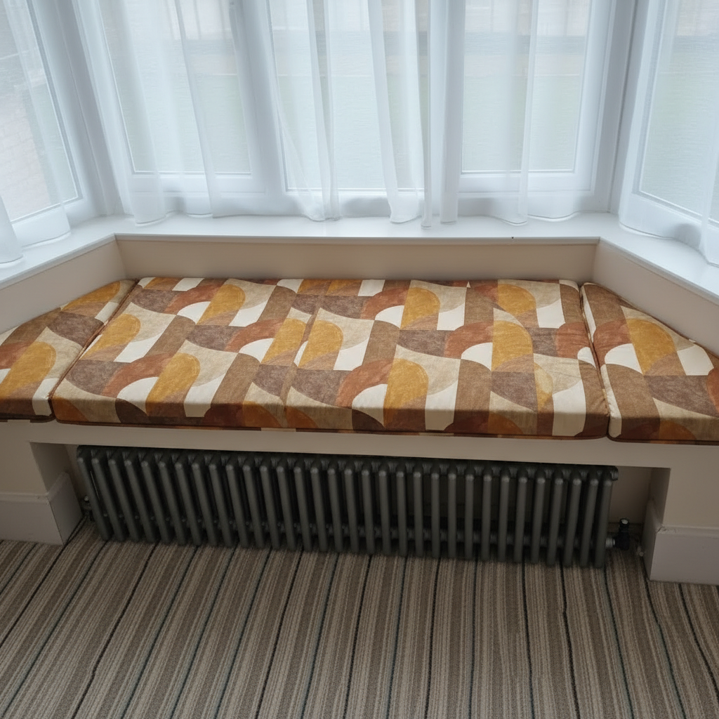 Contemporary woven fabric texture on custom window seating upholstery