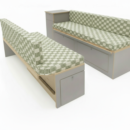 Classic sage green check Campervan cushions in cottage style interior-Traditional Farmhouse Style Upholstery on bench seating-Woven gingham plaid fabric detail for motorhomes-High density foam cushions with green and cream check-Cosy country style camper conversion seating