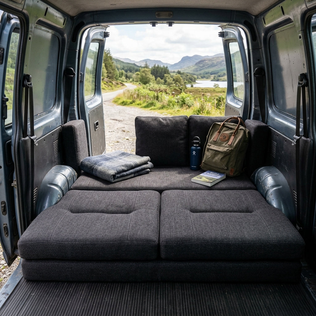 Custom fitted HR50 foam camper cushions for Berlingo Solo van life setup providing durable comfort and flexible seating arrangement