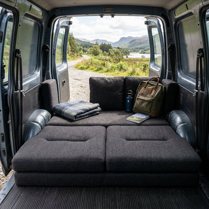 Custom fitted HR50 foam camper cushions for Berlingo Solo van life setup providing durable comfort and flexible seating arrangement