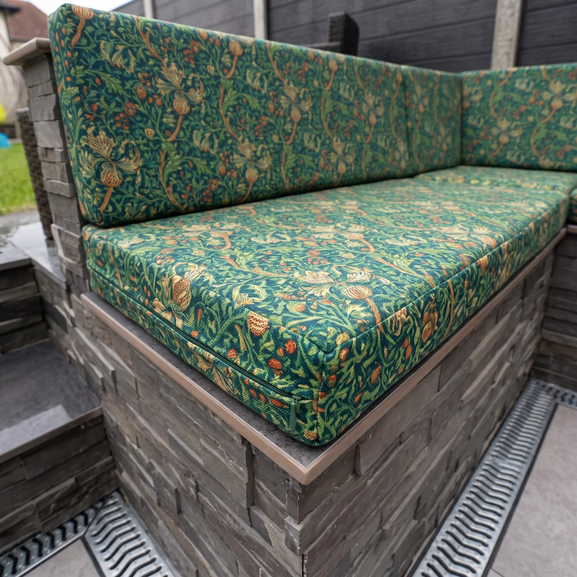 Custom garden bench cushions made from waterproof canvas with supportive high-density foam for outdoor use