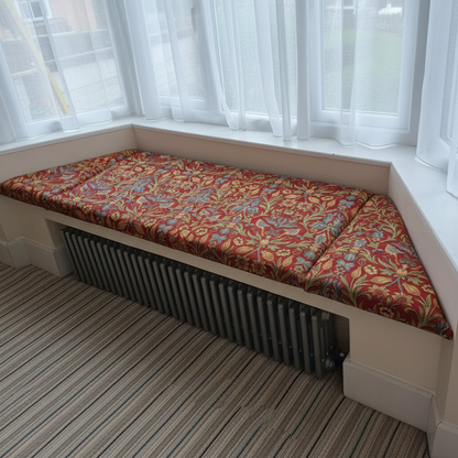 Custom made 3-piece angled bay window seat cushion set for indoor seating areas