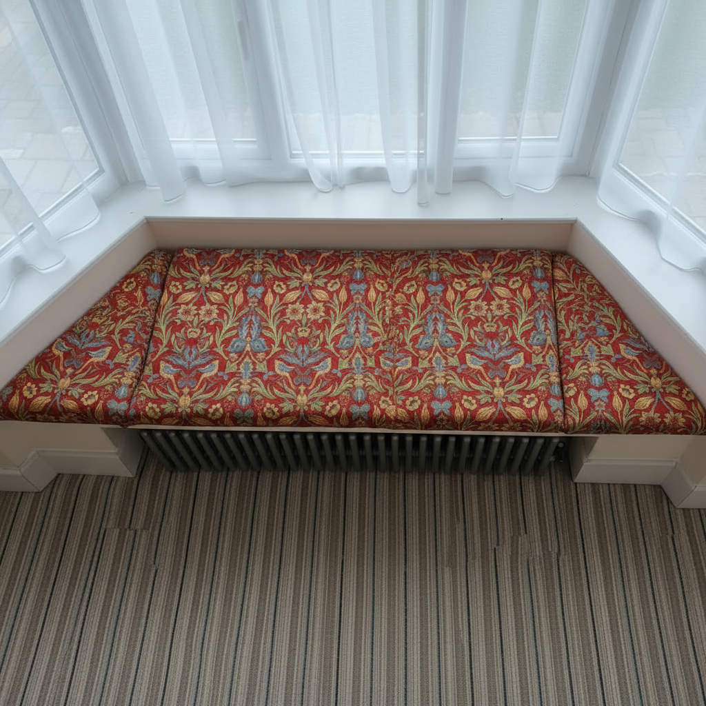 Custom made 3-piece angled bay window seat cushion set for indoor seating areas