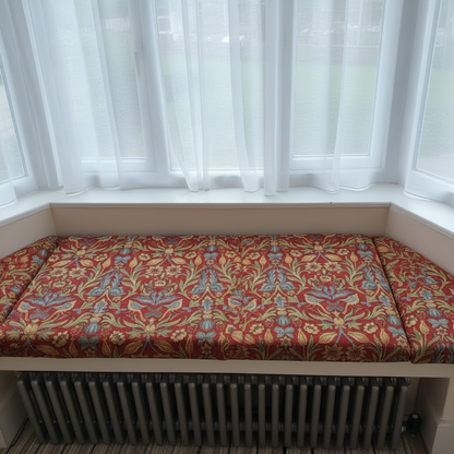 Custom made 3-piece angled bay window seat cushion set for indoor seating areas