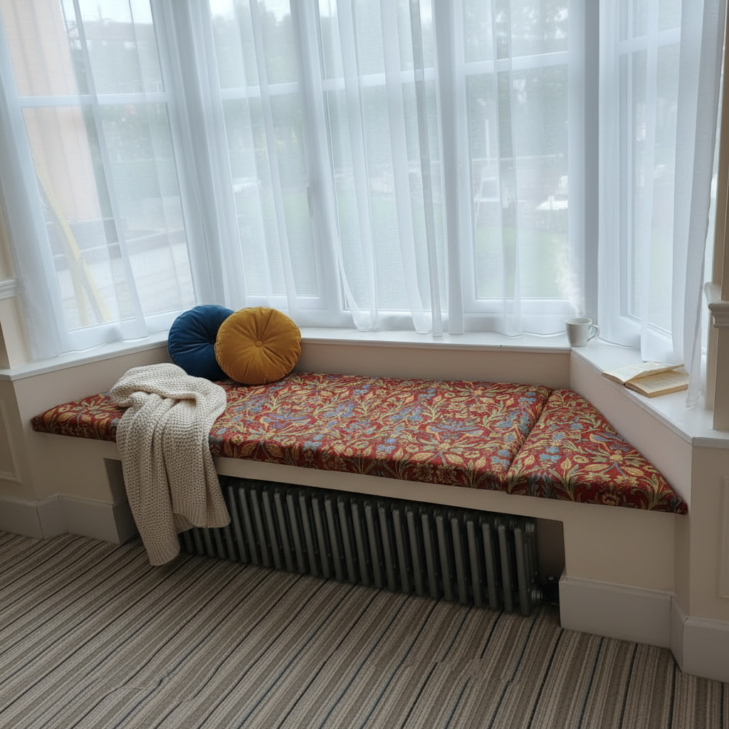 Custom made 3-piece angled bay window seat cushion set for indoor seating areas