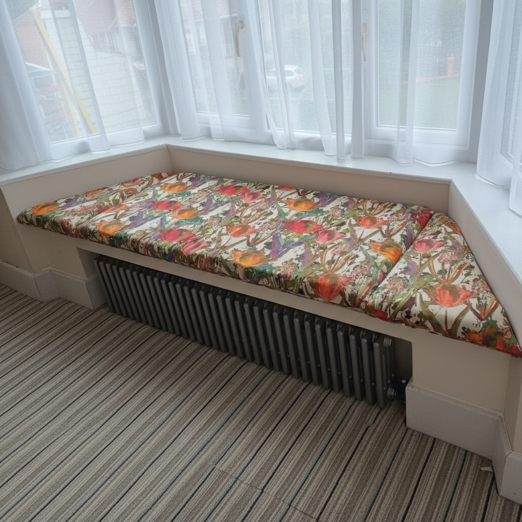 Custom made 3-piece angled bay window seat cushion set for indoor seating areas
