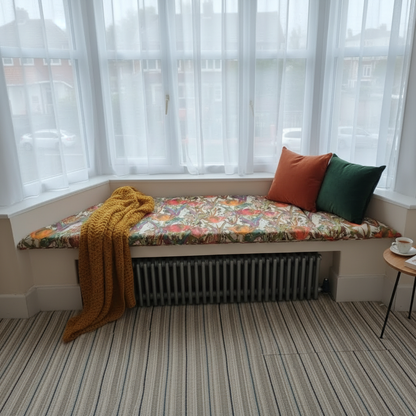 Custom made 3-piece angled bay window seat cushion set for indoor seating areas
