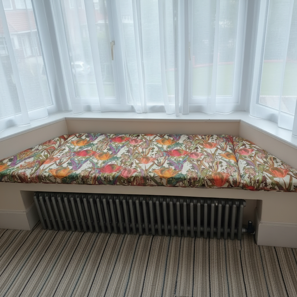 Custom made 3-piece angled bay window seat cushion set for indoor seating areas
