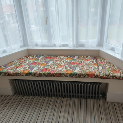 Custom made 3-piece angled bay window seat cushion set for indoor seating areas
