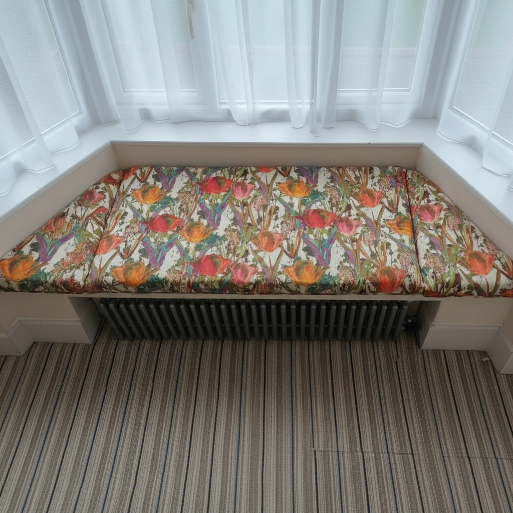 Custom made 3-piece angled bay window seat cushion set for indoor seating areas
