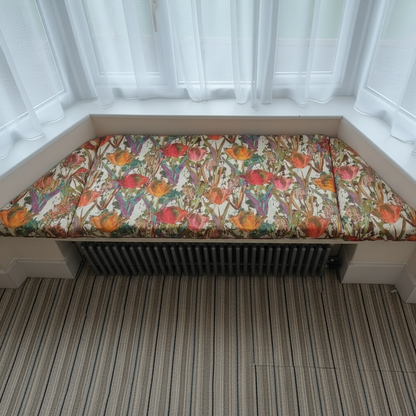 Custom made 3-piece angled bay window seat cushion set for indoor seating areas
