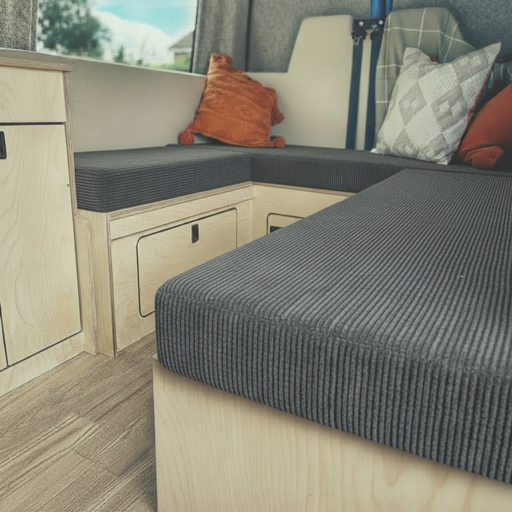 Custom made motorhome dinette upholstery showing precision fit