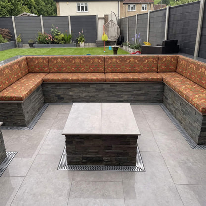 Custom outdoor seating cushions with designer motif, removable zipped covers and durable canvas fabric