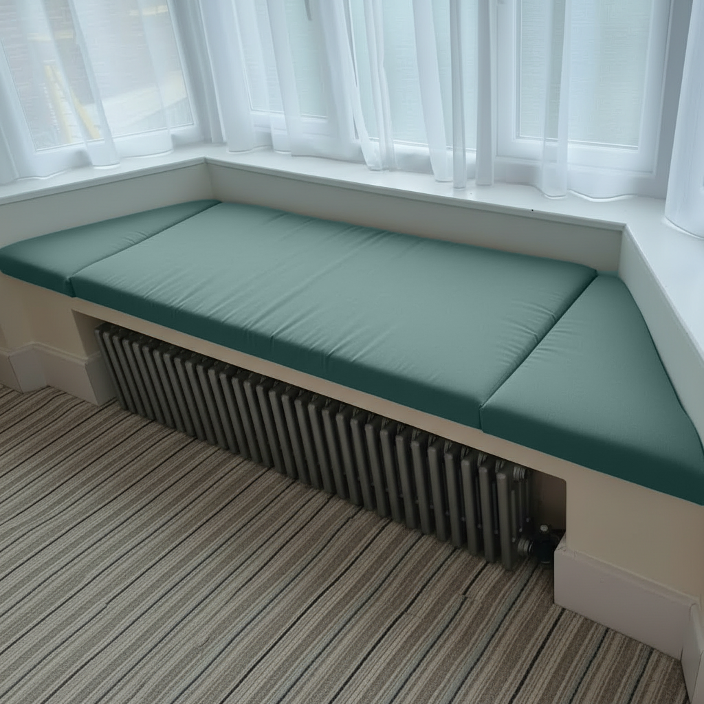 Duck Egg angled bay window cushions in elegant 3 piece set
