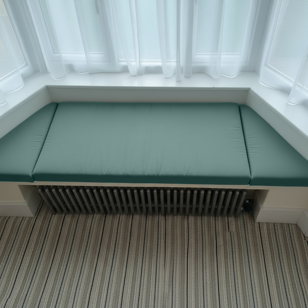 Duck Egg bespoke bay window cushions styled in a reading nook
