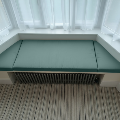 Duck Egg bespoke bay window cushions styled in a reading nook
