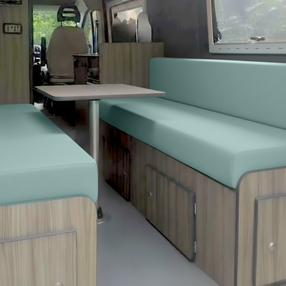 Duck Egg campervan upholstery cushions fitted to rock and roll bed
