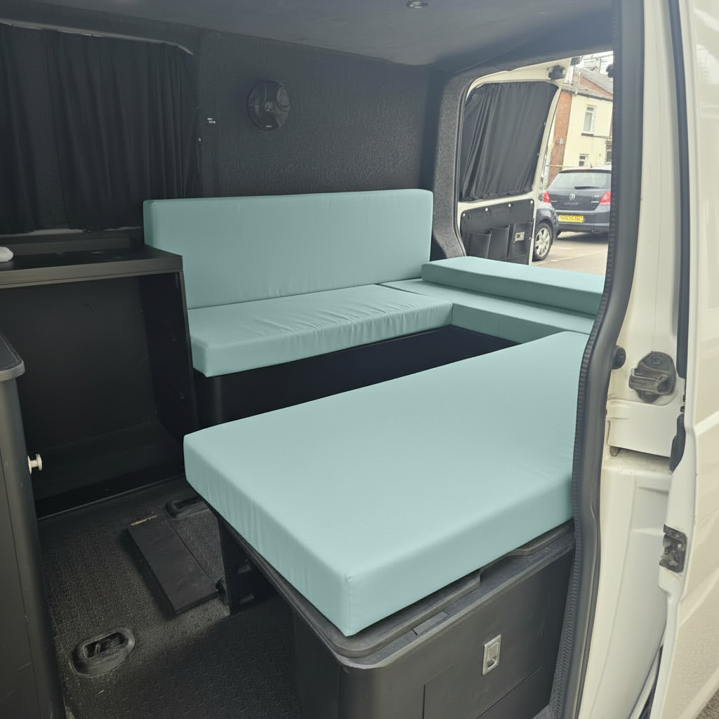 Duck Egg motorhome upholstery fabric in modern van life interior
