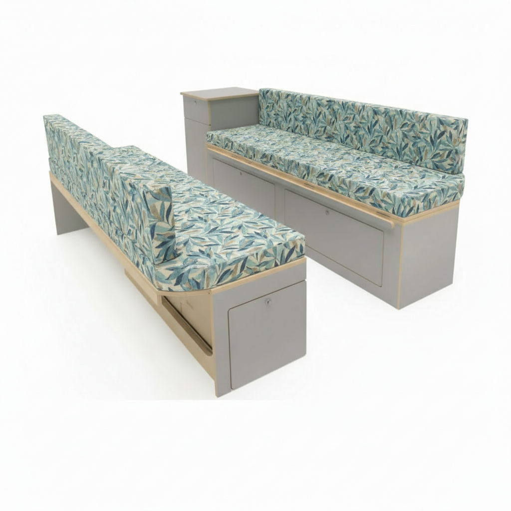 High-density caravan seating foam with modern fabric cover- Motorhome reupholstery interior with blue and green leaf design-Made-to-measure camper upholstery fitted in conversion van-Durable fabric texture for Motorhome bespoke furnishings

