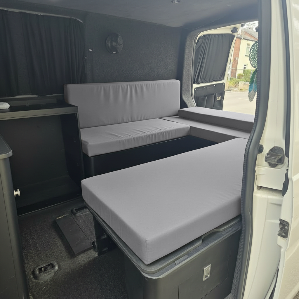 Durable grey van life upholstery close-up
