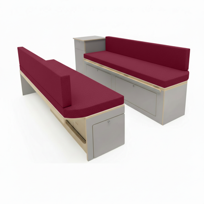 Durable maroon upholstery for van life motorhome seating
