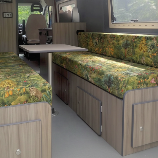 Exotic rainforest safari Campervan cushions with green foliage-Lush Green Wildlife Upholstery on dining area benches-Deep jungle print motorhome seating with palm trees-High density foam cushions for nature-inspired van conversion-Maximalist camper interior with green botanical fabric

