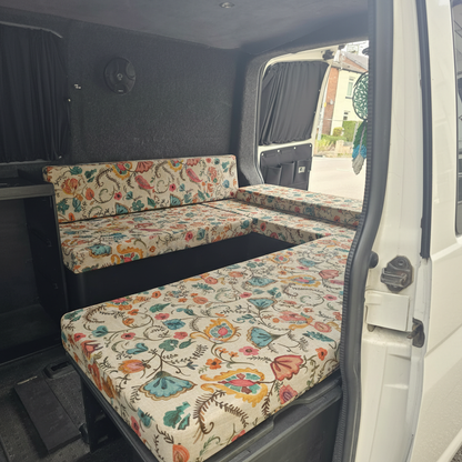 Garden Paisley pattern bespoke campervan cushion seating-Premium cream motorhome cushions with floral paisley design-Custom made to measure campervan bed cushion UK-Handcrafted floral motorhome seating and replacement cushions-High quality caravan cushion seating with vibrant paisley print
