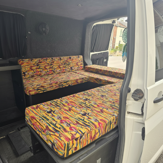 Golden Botanical pattern bespoke campervan cushion seating-Premium mustard yellow motorhome cushions with floral design-Custom made to measure campervan bed cushion UK-Handcrafted botanical motorhome seating and replacement cushions-High quality caravan cushion seating with vibrant wildflower print
