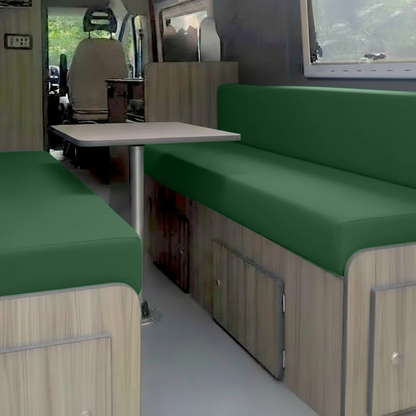 Green Campervan Upholstery Fabric on Rock and Roll Bed

