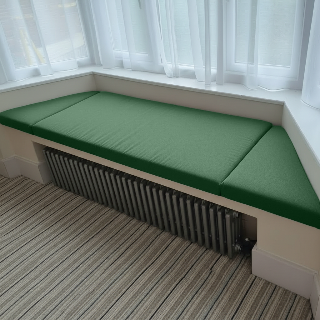 Green bay window cushions in angled bay, 3-piece bespoke set
