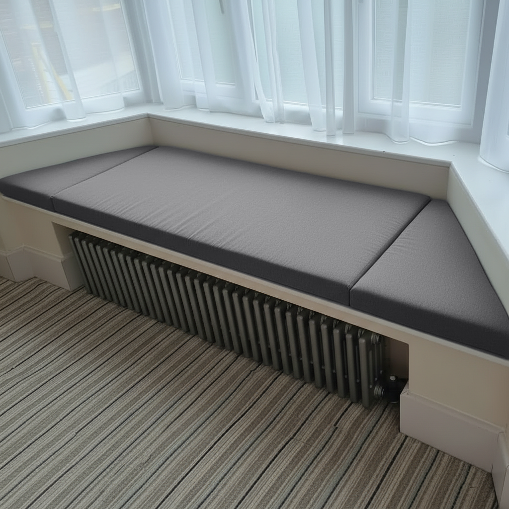 Grey 3-piece bay window cushions on angled window seat