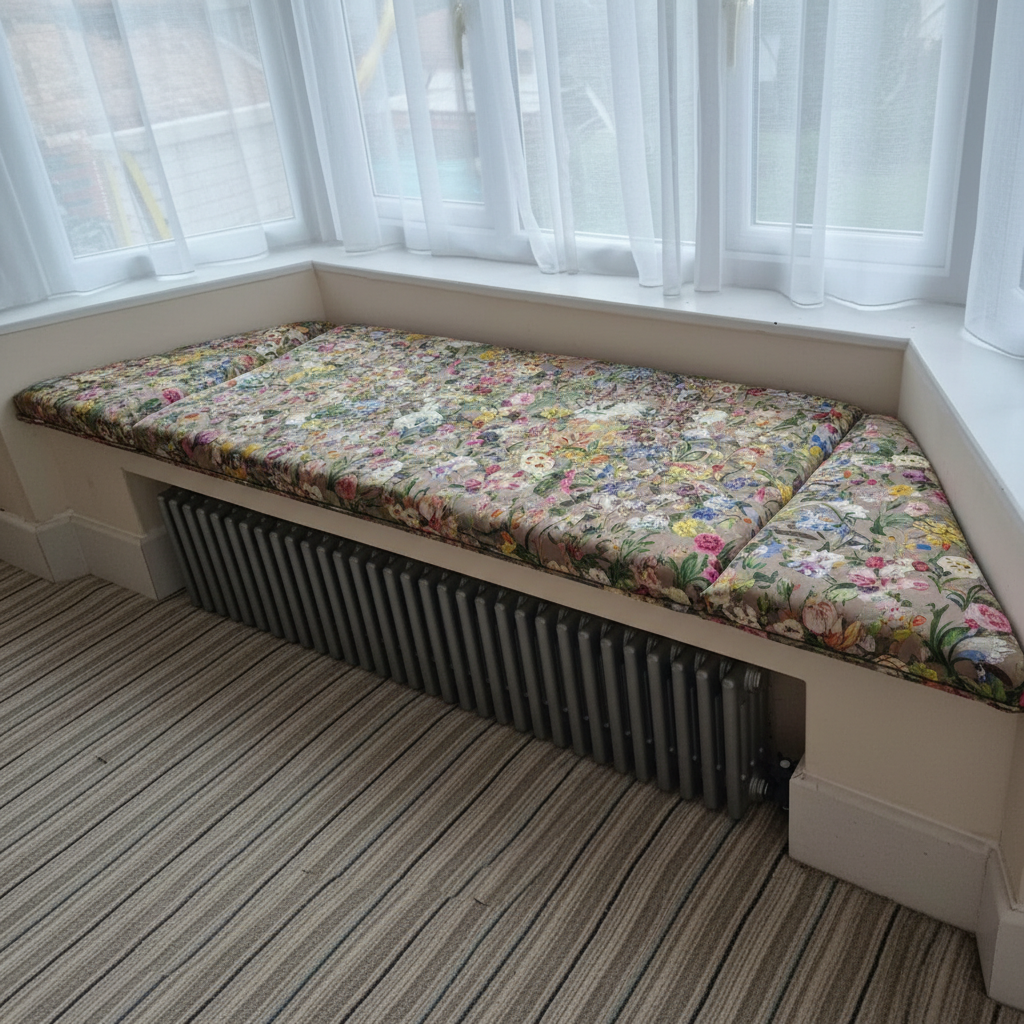 Handcrafted 3-piece angled bay window cushion set creating a luxurious interior seating area