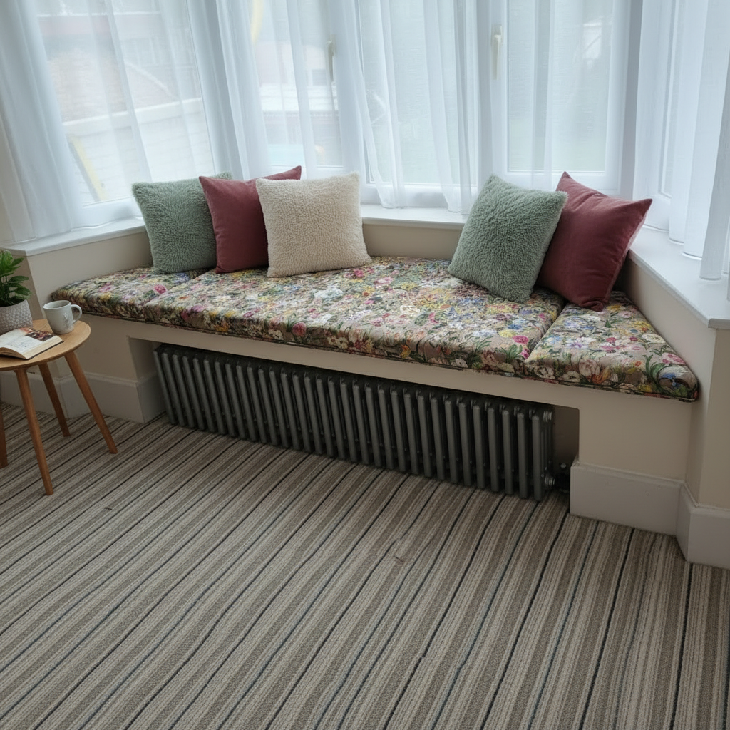 Handcrafted 3-piece angled bay window cushion set creating a luxurious interior seating area
