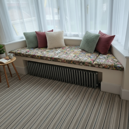 Handcrafted 3-piece angled bay window cushion set creating a luxurious interior seating area