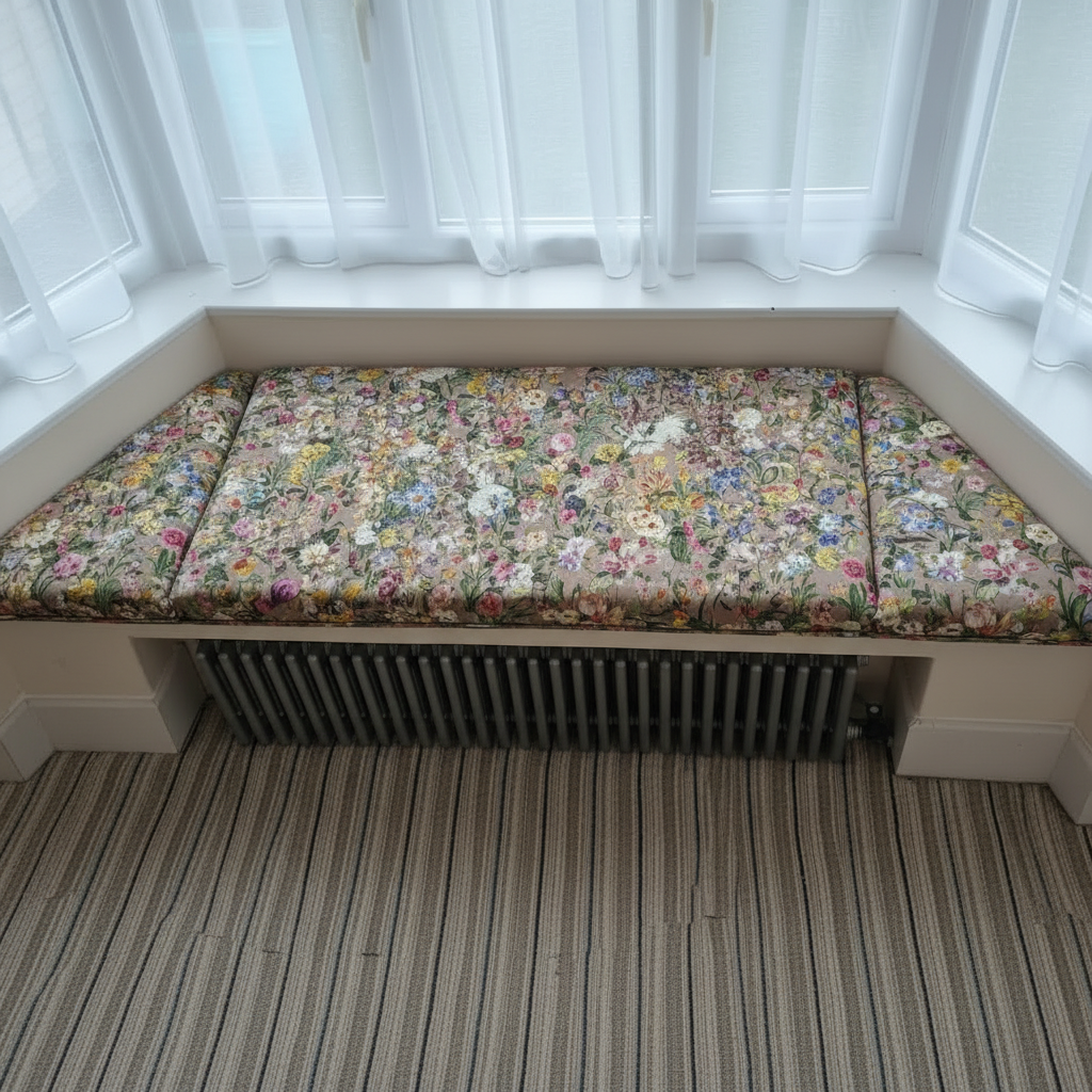 Handcrafted 3-piece angled bay window cushion set creating a luxurious interior seating area
