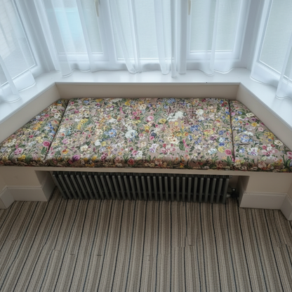 Handcrafted 3-piece angled bay window cushion set creating a luxurious interior seating area