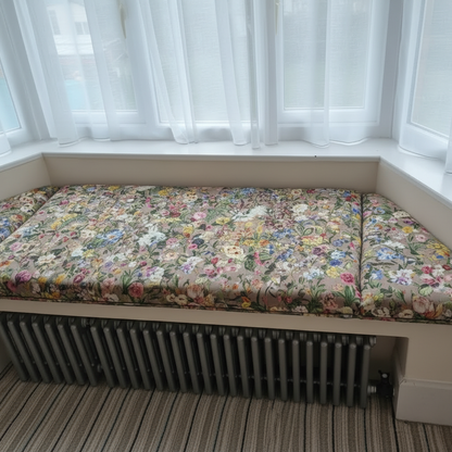 Handcrafted 3-piece angled bay window cushion set creating a luxurious interior seating area
