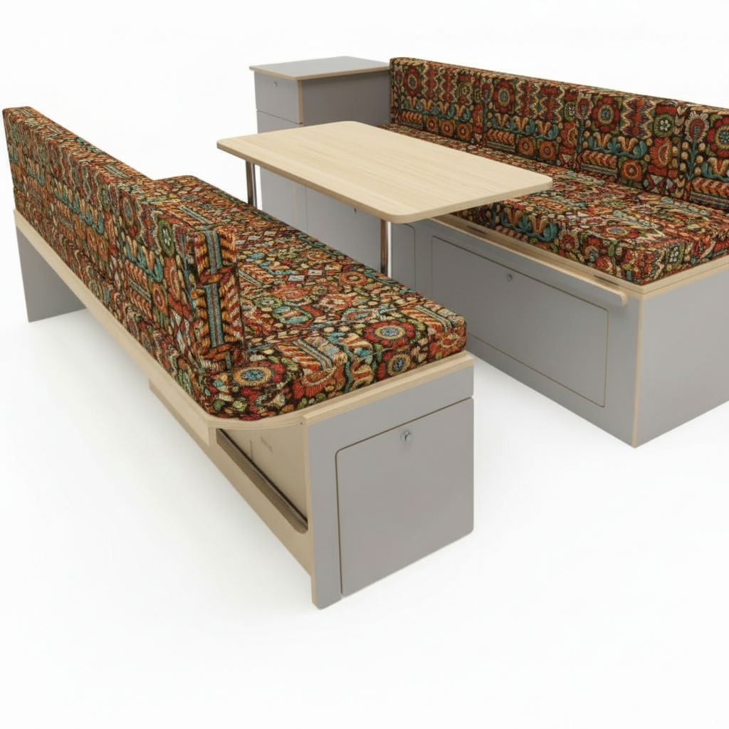 Bohemian tribal Aztec Campervan cushions interior-Heavyweight Tapestry Style Upholstery on dining seats-Eclectic boho van seating with orange and teal pattern-High density foam cushions with woven gobelin design-Nomadic style camper conversion with textured fabric
