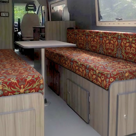 Heritage red bird and fruit Campervan cushions interior-Strawberry Thief Style Upholstery on dining bench seats-Vintage crimson motorhome seating with bird pattern-High density foam cushions for victorian style van conversion-Warm red floral fabric for cozy leisure vehicles