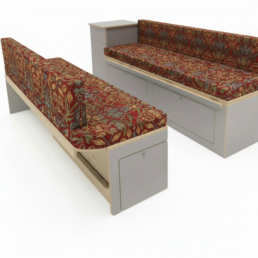 Heritage red bird and fruit Campervan cushions interior-Strawberry Thief Style Upholstery on dining bench seats-Vintage crimson motorhome seating with bird pattern-High density foam cushions for victorian style van conversion-Warm red floral fabric for cozy leisure vehicles