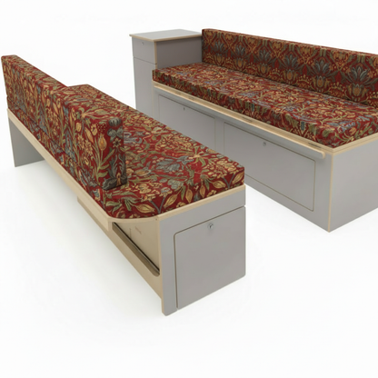Heritage red bird and fruit Campervan cushions interior-Strawberry Thief Style Upholstery on dining bench seats-Vintage crimson motorhome seating with bird pattern-High density foam cushions for victorian style van conversion-Warm red floral fabric for cozy leisure vehicles