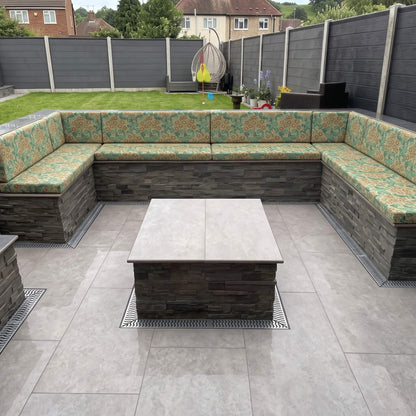 High-density foam filled outdoor cushions with removable zipped covers for garden use

