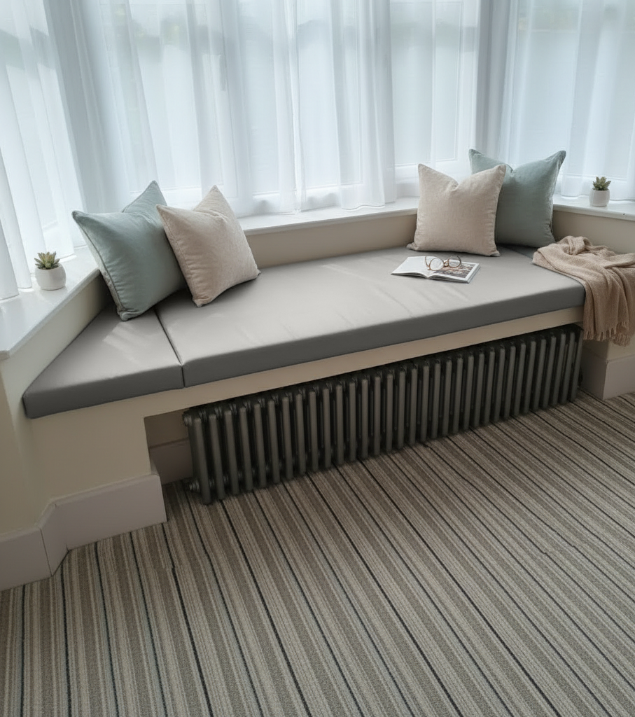 High-density foam silver bay window cushions showing thickness and structure
