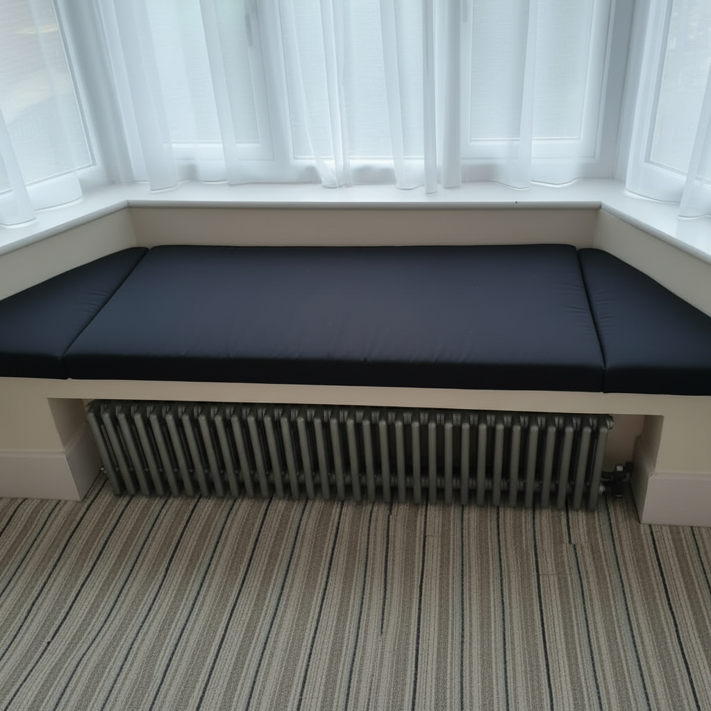 High-density foam thickness detail of black bay window cushions