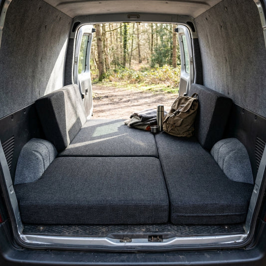 High density HR50 foam camper cushions tailored for Citroën Berlingo micro camper conversion for enhanced travel comfort