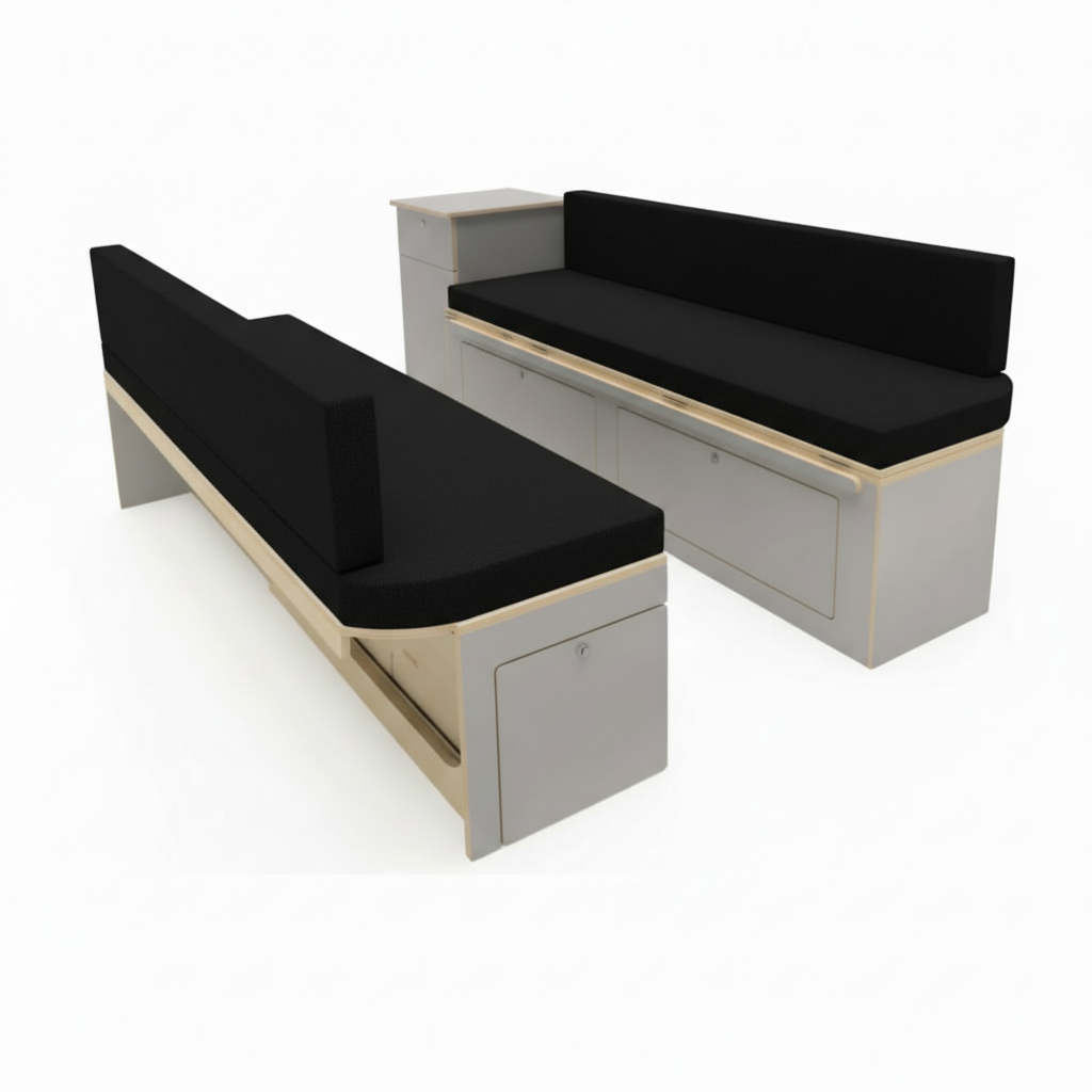 High density foam black cushions in motorhome interior
