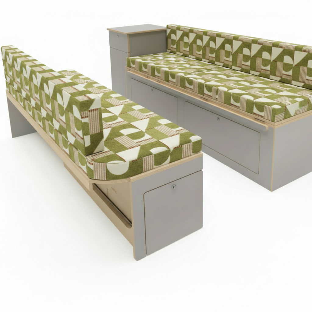Olive Geometric pattern bespoke campervan cushion seating-Premium green motorhome cushions with abstract modern design-Custom made to measure campervan bed cushion UK-Handcrafted modern motorhome seating and replacement cushions-High quality caravan cushion seating with olive geometric print
