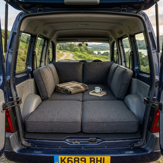 High quality removable campervan cushion seating system for Citroën Berlingo Solo conversion designed for travel and overnight use