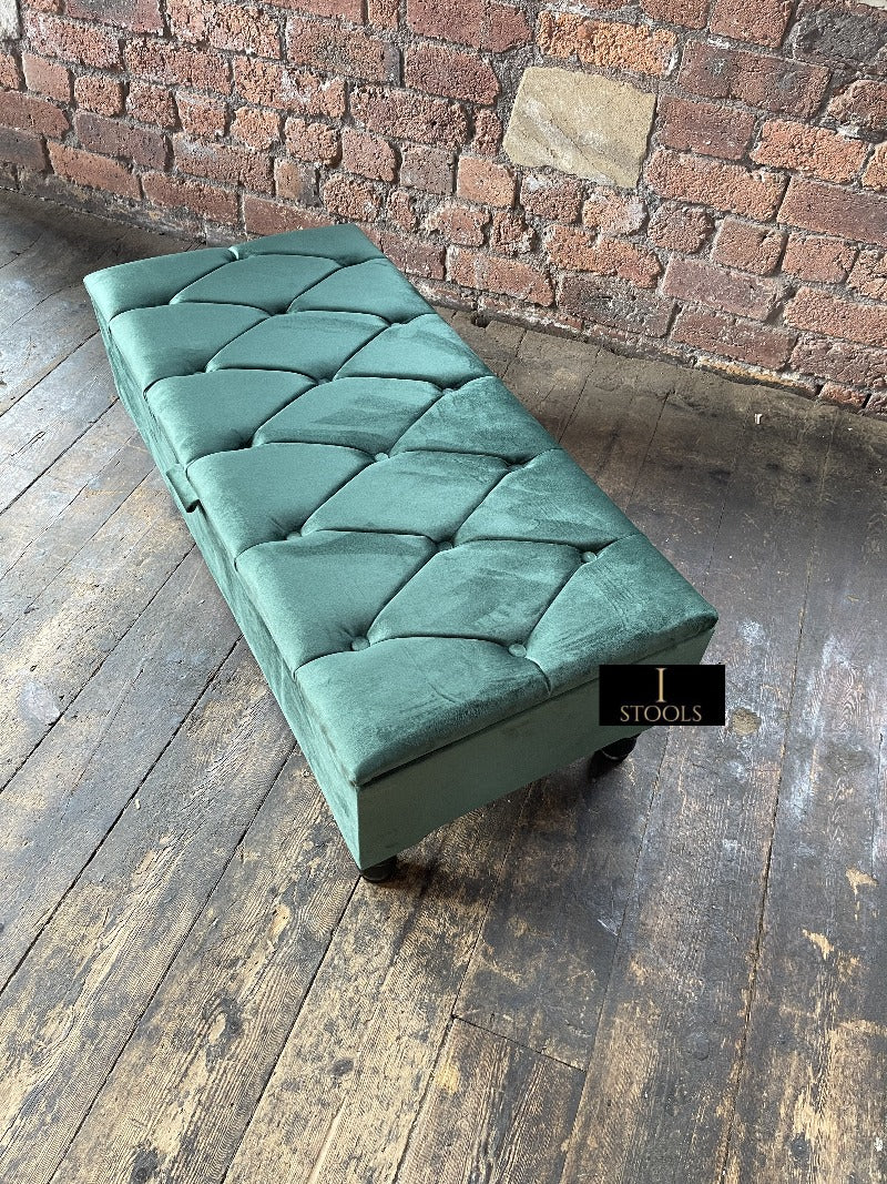 Green Ottoman Storage Bench | Velvet Green Footstool UK | Dark Green Ottoman Bench